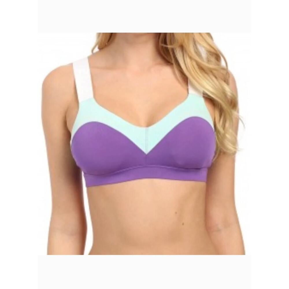 Brooks Moving Comfort Hot Shot Sports Bra Size M Color Block Purple Aqua White